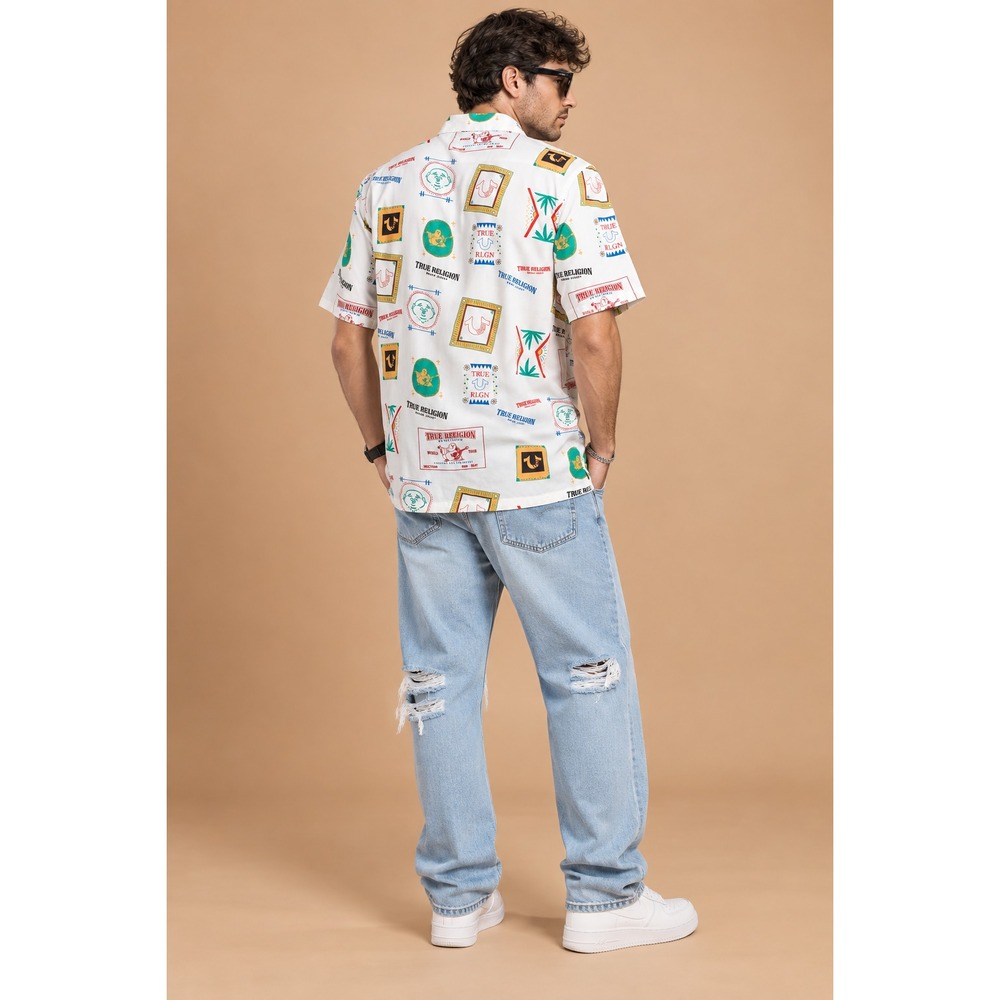 TRUE RELIGION Men MEDIUM New ButtonUp Shirt Logo Print Camp Collar Resort 700720